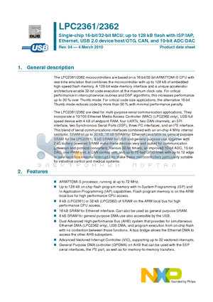 LPC2361 datasheet - Single-chip 16-bit/32-bit MCU; up to 128 kB flash with ISP/IAP, Ethernet, USB 2.0 device/host/OTG, CAN, and 10-bit ADC/DAC