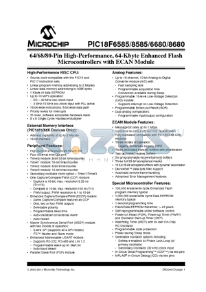 PIC18F8680 datasheet - 64/68/80-Pin High-Performance, 64-Kbyte Enhanced Flash Microcontrollers with ECAN Module