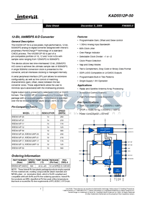 KAD5512P-50Q72 datasheet - 12-Bit, 500MSPS A/D Converter