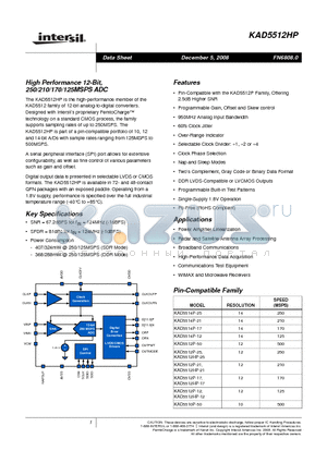 KAD5512HP-25Q72 datasheet - High Performance 12-Bit, 250/210/170/125MSPS ADC