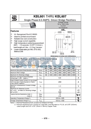 KBL603 datasheet - Single Phase 6.0 AMPS. Silicon Bridge Rectifiers