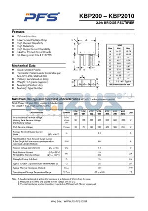 KBP208 datasheet - 2.0A BRIDGE RECTIFIER