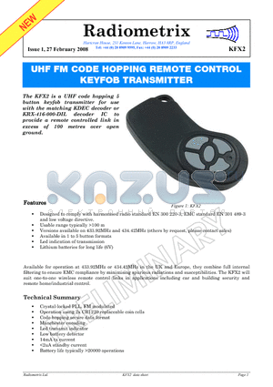 KFX2 datasheet - UHF FM CODE HOPPING REMOTE CONTROL KEYFOB TRANSMITTER