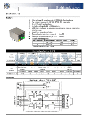 PU1S041A-34LF datasheet - SINGLE RJ45 CONNECTOR WITH 10/100 BASE-TX MAGNETICS/POWER AND LEDS