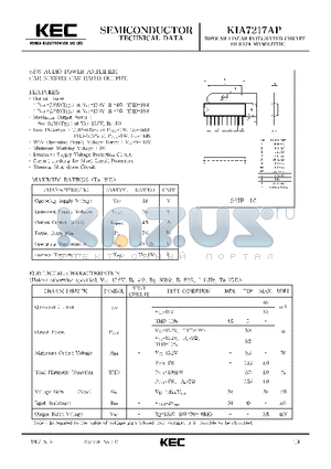 KIA7217 datasheet - BIPOLAR LINEAR INTEGRATED CIRCUIT SILICON MONOLITHIC (5.8W AUDIO POWER AMPLIFIER CAR STEREO, CAR RADIO OUTPUT)