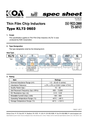 KL731JTTE2N2 datasheet - Thin Film Chip Inductors
