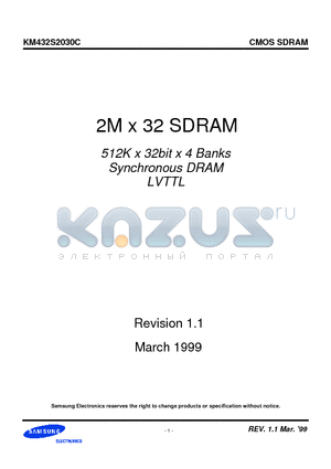 KM432S2030CT-G10 datasheet - 2M x 32 SDRAM 512K x 32bit x 4 Banks Synchronous DRAM LVTTL