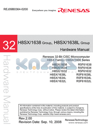 R5F61634 datasheet - Renesas 32-Bit CISC Microcomputer H8SX Family / H8SX/1600 Series