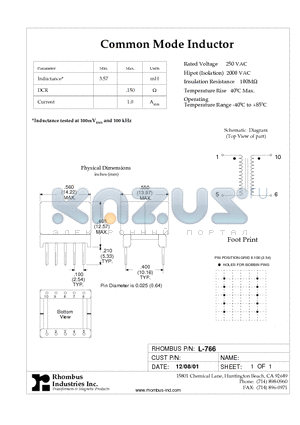 L-766 datasheet - Common Mode Inductor
