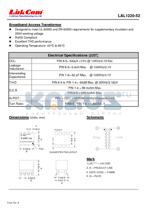 LAL1220-52 datasheet - Broadband Access Transformer