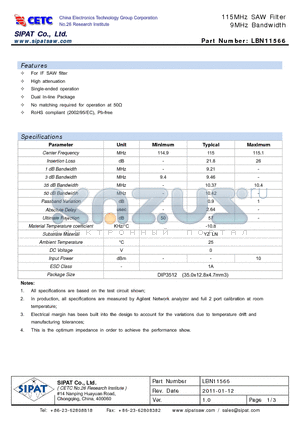 LBN11566 datasheet - 115MHz SAW Filter 9MHz Bandwidth