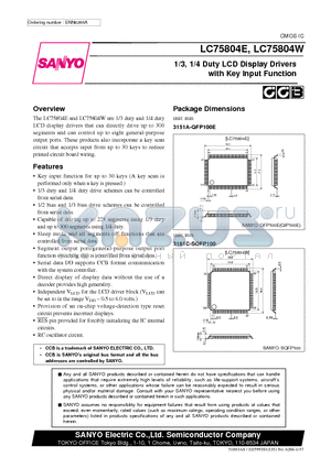 LC75804E datasheet - 1/3, 1/4 Duty LCD Display Drivers with Key Input Function