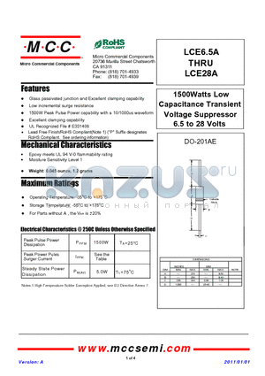 LCE9.0A datasheet - 1500Watts Low Capacitance Transient Voltage Suppressor 6.5 to 28 Volts