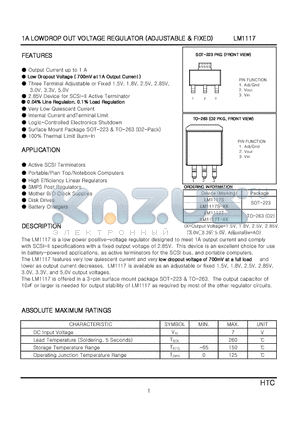 LM1117T-3.0 datasheet - 1A LOWDROP OUT VOLTAGE REGULATOR (ADJUSTABLE & FIXED)