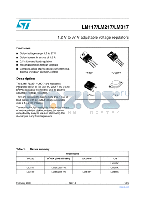 LM117K datasheet - 1.2 V to 37 V adjustable voltage regulators