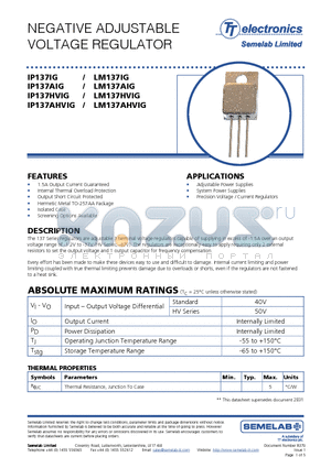 LM137HVIG datasheet - NEGATIVE ADJUSTABLE VOLTAGE REGULATOR