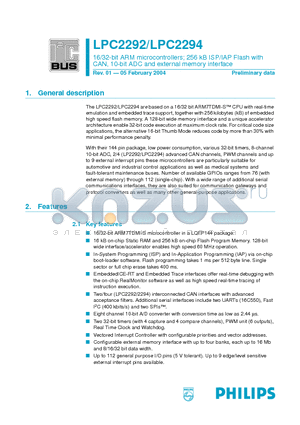 LPC2294JBD144 datasheet - 16/32-bit ARM microcontrollers 256 kB ISP/IAP Flash with CAN, 10-bit ADC and external memory interface