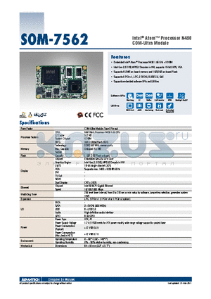 SOM-7562F1-S6A1E datasheet - Intel^ Atom Processor N450 COM-Ultra Module