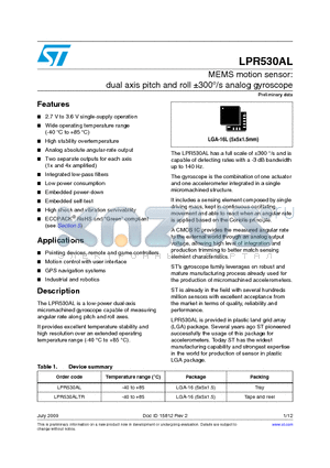 LPR530ALTR datasheet - MEMS motion sensor: dual axis pitch and roll a300`/s analog gyroscope