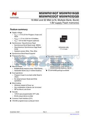 M58WR032QB80ZB6F datasheet - 16 Mbit and 32 Mbit (x16, Multiple Bank, Burst) 1.8V supply Flash memories