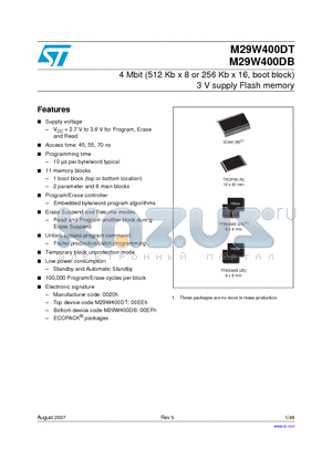 M29W400DT45N1F datasheet - 4 Mbit (512 Kb x 8 or 256 Kb x 16, boot block) 3 V supply Flash memory