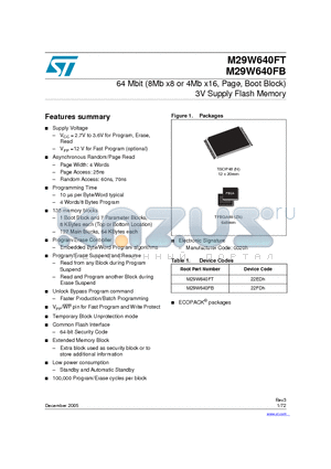 M29W640FT70ZA6F datasheet - 64 Mbit (8Mb x8 or 4Mb x16, Page, Boot Block) 3V Supply Flash Memory