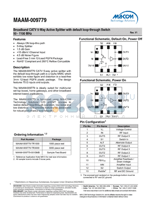 MAAM-009779 datasheet - Broadband CATV 5-Way Active Splitter with default loop-through Switch