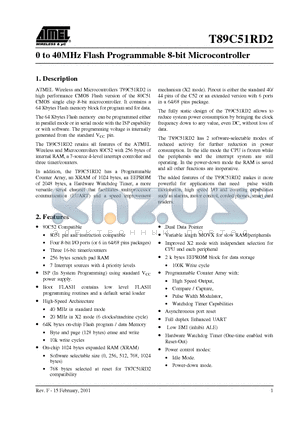 T89C51RD2-SLVI-L datasheet - 0 to 40MHz Flash Programmable 8-bit Microcontroller