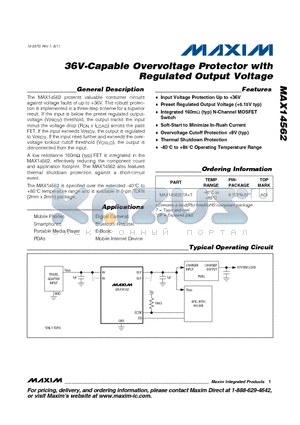 MAX14562 datasheet - 36V-Capable Overvoltage Protector with Regulated Output Voltage