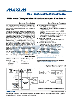 MAX14600 datasheet - USB Host Charger Identification/Adapter Emulators