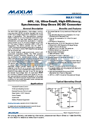 MAX17502EATB+ datasheet - 60V, 1A, Ultra-Small, High-Efficiency,Synchronous Step-Down DC-DC Converter