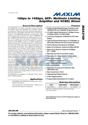 MAX3799ETJ+ datasheet - 1Gbps to 14Gbps, SFP Multirate Limiting Amplifier and VCSEL Driver
