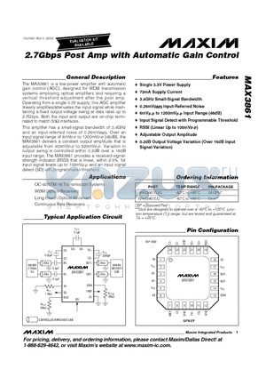MAX3861 datasheet - 2.7Gbps Post Amp with Automatic Gain Control