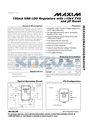 MAX5006 datasheet - 150mA USB LDO Regulators with 15kV -15kV TVS and UP Reset