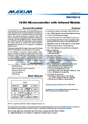 MAXQ618 datasheet - 16-Bit Microcontroller with Infrared Module