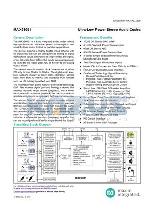 MAX98091 datasheet - Ultra-Low Power Stereo Audio Codec