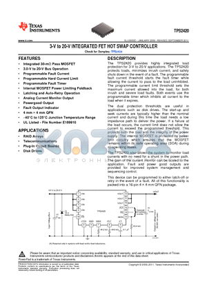 TPS2420 datasheet - 3-V to 20-V INTEGRATED FET HOT SWAP CONTROLLER