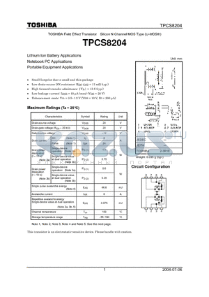 TPCS8204 datasheet - Lithium Ion Battery Applications Field Effect Transistor Silicon N Channel MOS Type