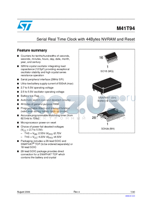 M41T94 datasheet - Serial Real Time Clock with 44Bytes NVRAM and Reset