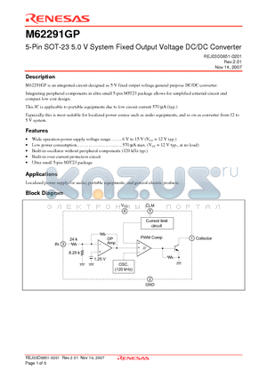 M62291GP datasheet - 5-Pin SOT-23 5.0 V System Fixed Output Voltage DC/DC Converter