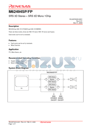 M62494SP datasheet - SRS 3D Stereo  SRS 3D Mono 1Chip