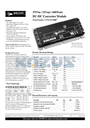 V375A15H600B datasheet - 375Vin / 15Vout / 600Watts DC-DC Converter Module