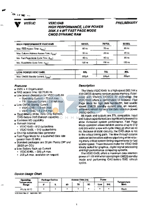 V53C104BP70 datasheet - HIGH PERFORMANCE, LOW POWER 256K X 4 BIT FAST PAGE MODE CMOS DYNAMIC RAM