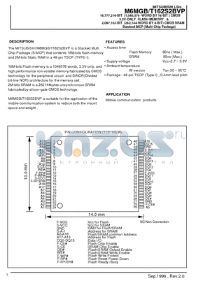 M6MGT162S2BVP datasheet - 16,777,216-BIT (1,048,576 -WORD BY 16-BIT ) CMOS 3.3V-ONLY FLASH MEMORY