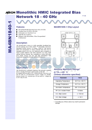 MA4BN1840-1 datasheet - Monolithic HMIC Integrated Bias Network 18 - 40 GHz