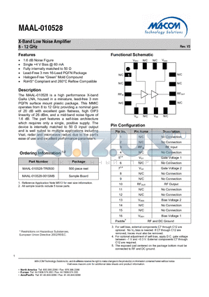 MAAL-010528 datasheet - The MAAL-010528 is a high performance X-band GaAs LNA, housed in a miniature, lead-free 3 mm PQFN surface mount plastic package.