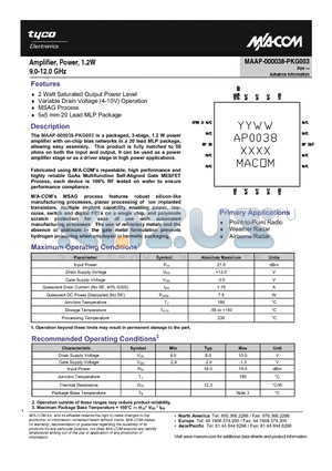 MAAP-000038-PKG003 datasheet - Amplifier, Power, 1.2W 9.0-12.0 GHz