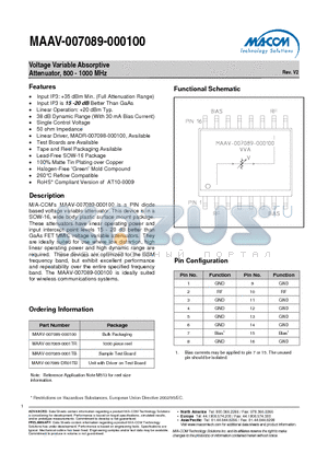 MAAV-007089-000100 datasheet - Voltage Variable Absorptive Attenuator, 800 - 1000 MHz