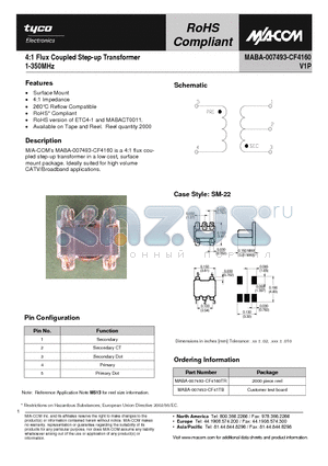 MABA-007493-CF4160 datasheet - 4:1 Flux Coupled Step-up Transformer 1-350MHz