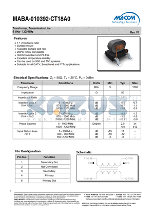 MABA-010392-CT18TB datasheet - Transformer, Transmission Line